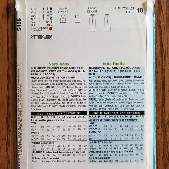 Vintage 90s See & Sew Pattern 5406 Uncut Loose Fitting Vest Pants Sz 6 8 10 - Picture 2 of 2